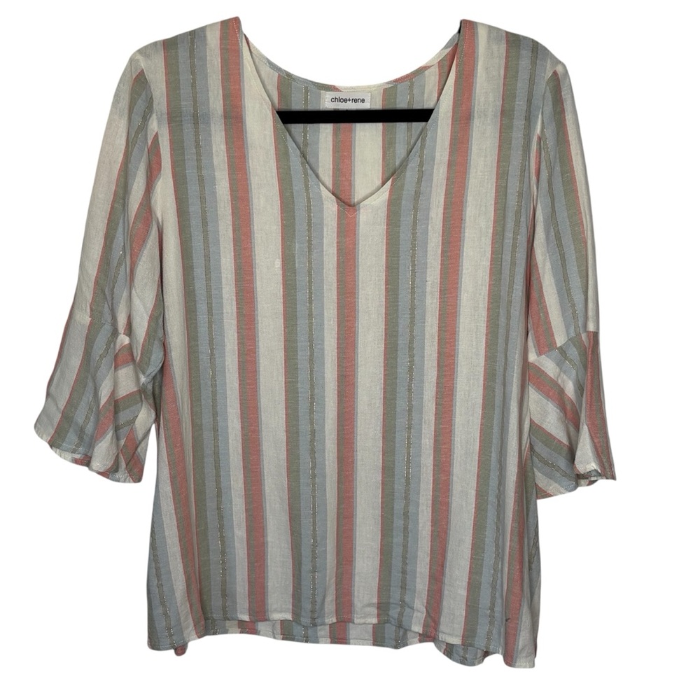 Chloe + Rene Top L Pastel Striped Metallic Thread 3/4 Bell Sleeve Linen Blend